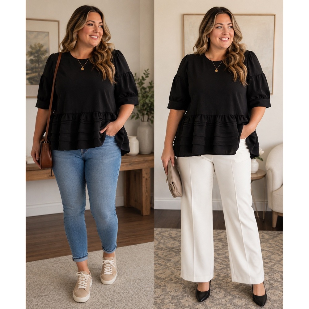 Gracia Black Tiered Ruffle Hem Puff Sleeve Tunic Top 1XL